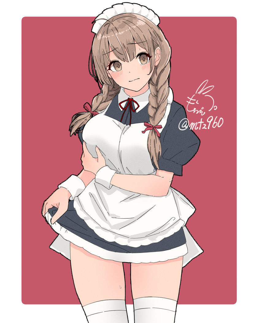 1girl alternate_costume apron black_dress blush braid breast_hold breasts brown_eyes brown_hair dress embarrassed enmaided eyebrows_visible_through_hair frilled_apron frilled_dress frills grabbing_own_breast hair_between_eyes highres kantai_collection large_breasts long_hair maid maid_apron maid_headdress mochizou puffy_short_sleeves puffy_sleeves red_background red_ribbon ribbon shinshuu_maru_(kancolle) short_sleeves signature skirt_hold solo thigh-highs twin_braids twitter_username waist_apron white_apron white_background white_legwear wrist_cuffs