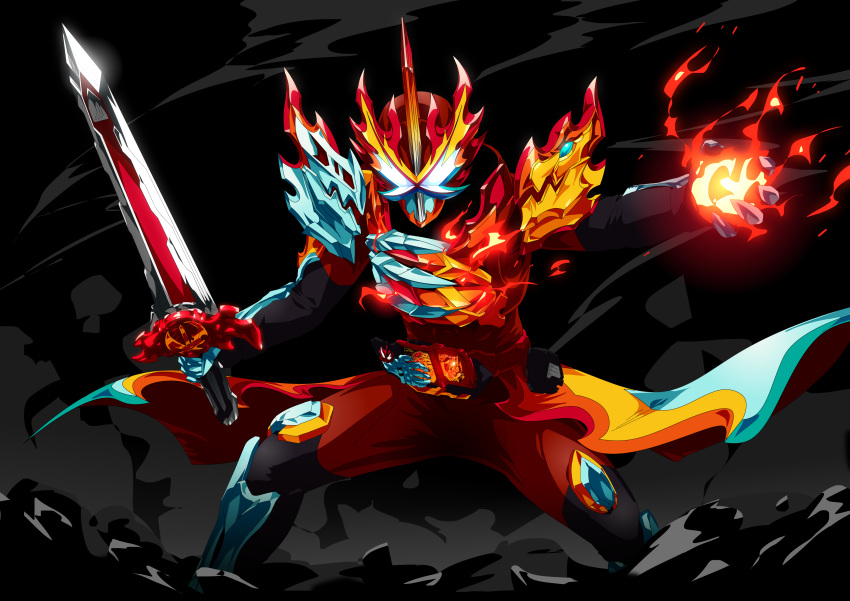 1boy absurdres armor belt black_background bodysuit dark_background fighting_stance fire fireball helmet highres holding holding_sword holding_weapon kaenken_rekka kamen_rider kamen_rider_saber kamen_rider_saber_(series) male_focus mask otokamu pyrokinesis red_bodysuit rider_belt shoulder_armor standing sword tokusatsu waist_cape weapon wonder_ride_book