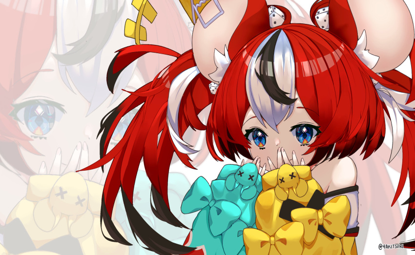 1girl animal_ears black_hair blue_eyes collar detached_sleeves dice_hair_ornament hair_ornament hakos_baelz highres holocouncil hololive hololive_english mouse_ears mouse_girl mousetrap multicolored multicolored_eyes multicolored_hair redhead solo spiked_collar spikes streaked_hair virtual_youtuber white_hair yakitsuki