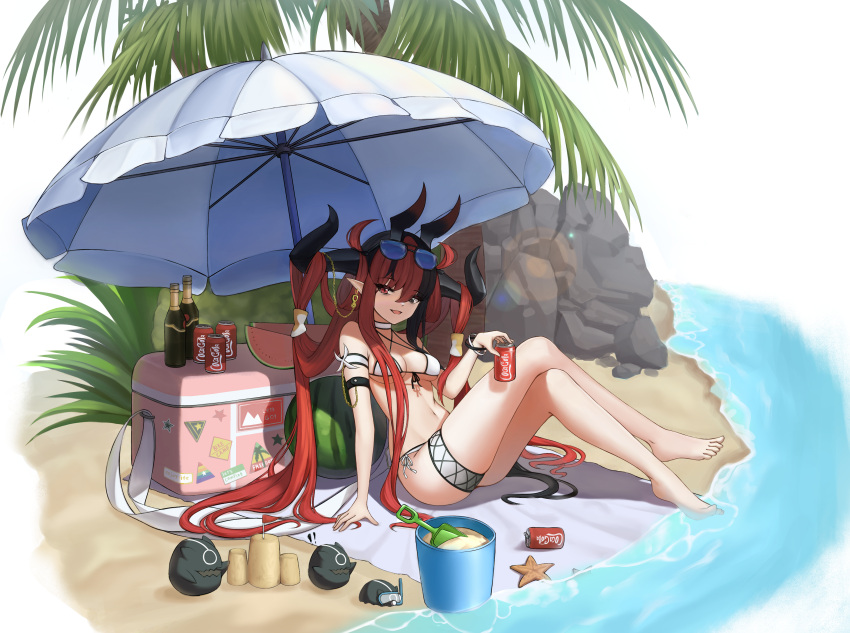 $hu 1girl absurdres alchemy_stars alternate_costume arm_strap barefoot beach beach_towel bikini black_eyes black_hair bottle bracelet breasts bucket can choker coca-cola commentary cooler earrings eyewear_on_head food front-tie_top fruit full_body heterochromia highres holding holding_can horns huge_filesize jewelry long_hair looking_at_viewer mini_flag multicolored_hair open_mouth outdoors palm_tree pointy_ears red_eyes redhead rock sand sand_castle sand_sculpture schummer_(alchemy_stars) shore shovel side-tie_bikini simple_background sitting small_breasts solo starfish sunglasses swimsuit thigh_strap towel tree two-tone_hair very_long_hair water watermelon watermelon_slice white_background wine_bottle