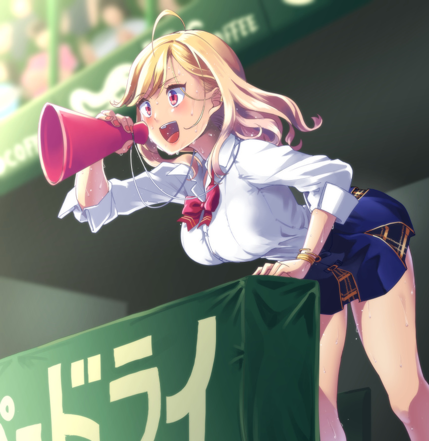 1girl bleachers blonde_hair bow bracelet fingernails hakkaku_shikimi highres jewelry leaning_forward looking_ahead megaphone nail_polish nijisanji open_mouth red_eyes shirt shouting skirt sleeves_rolled_up smile stadium sweat sweating_profusely takamiya_rion thighs tongue uniform white_shirt