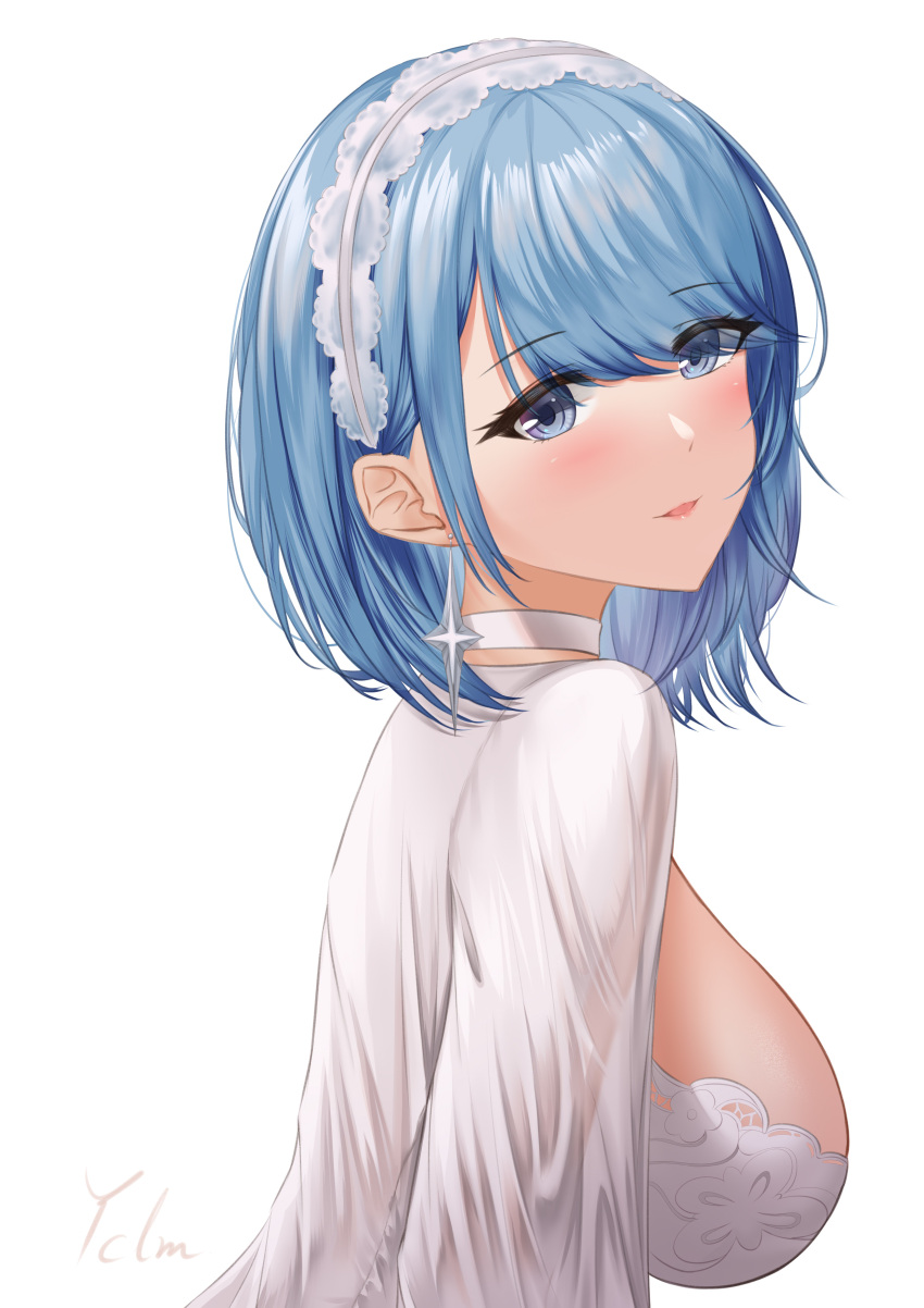1girl absurdres azur_lane bangs blue_eyes blue_hair breasts chapayev_(azur_lane) dress earrings eyebrows_visible_through_hair eyes_visible_through_hair from_side hair_over_one_eye hairband highres ichikushi_mojibake jewelry large_breasts looking_at_viewer looking_to_the_side short_hair signature simple_background solo swept_bangs upper_body white_background white_dress white_hairband