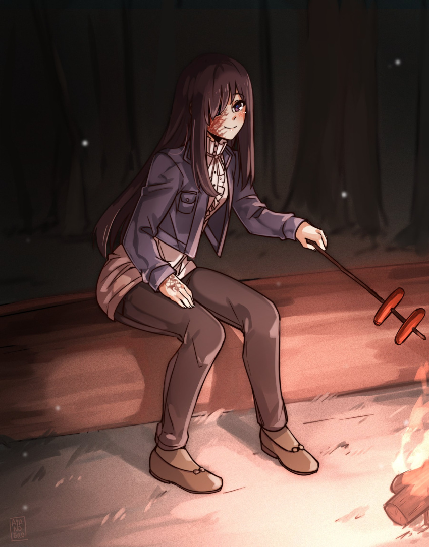 1girl ayanobro black_hair blouse blush burn_scar campfire hair_over_one_eye highres hot_dog ikezawa_hanako jacket katawa_shoujo lips log long_hair night scar smile violet_eyes