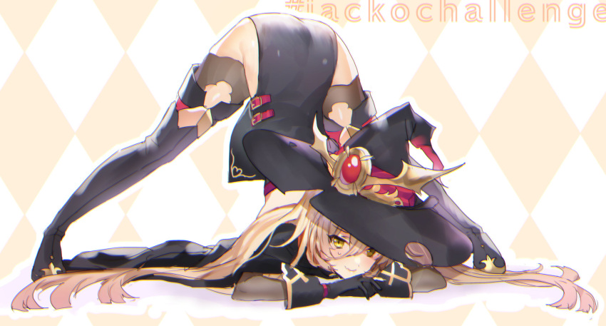 1girl arm_rest ass bangs bare_shoulders black_dress black_footwear black_gloves black_headwear blonde_hair blush boots breasts doushite dress flexible gloves hands_on_ground hat highres jack-o'_challenge large_breasts long_hair looking_at_viewer meme nijisanji nui_sociere pelvic_curtain pose smile solo spread_legs stretch thigh-highs thigh_boots top-down_bottom-up virtual_youtuber wide_spread_legs witch_hat yellow_eyes