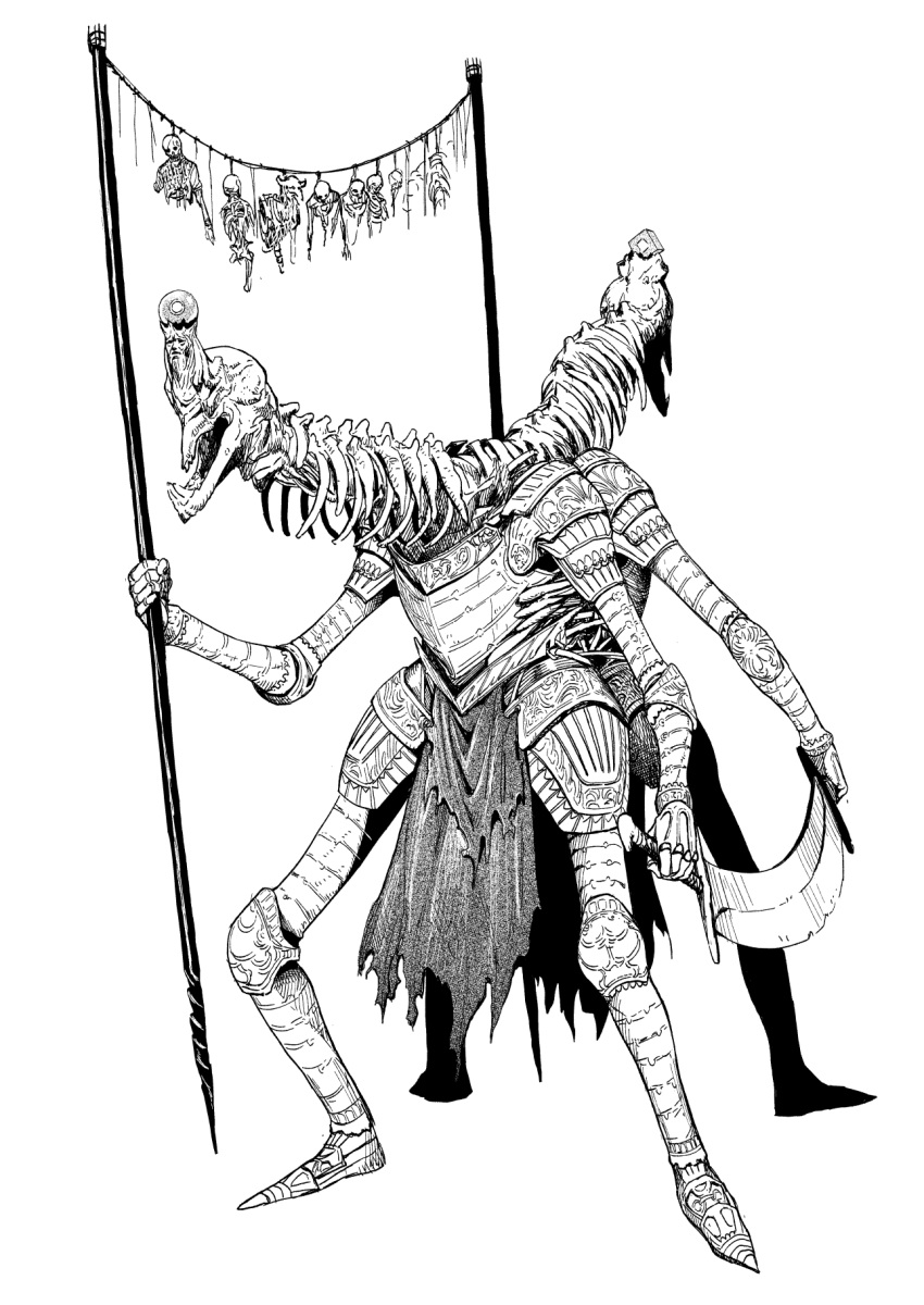 armor breastplate commentary english_commentary greaves greyscale highres holding holding_sword holding_weapon horror_(theme) inktober monochrome monster original pauldrons pelvic_curtain shoulder_armor simple_background skeleton skull sword weapon white_background y_naf
