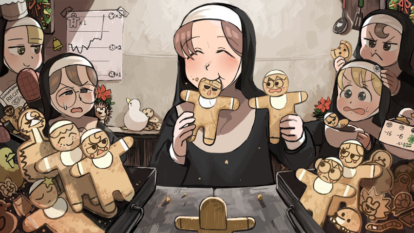 5girls :&lt; ^_^ animal_on_shoulder bell bird blonde_hair brown_hair catholic character_cookie cheek_bulge chef_hat chicken chocolate_chip_cookie christmas_wreath closed_eyes commentary cookie cup cupboard diva_(hyxpk) duck duckling earthworm eating english_commentary flower food gingerbread_cookie gingerbread_man glasses glasses_nun_(diva) gluttonous_nun_(diva) graph habit half-bang_nun_(diva) hand_on_another's_head hat hedgehog highres holding holding_cookie holding_cup holding_food hook-bang_nun_(diva) kitchen ladle little_nuns_(diva) mole_(animal) multiple_girls nun open_mouth ostrich oven_mitts poinsettia protagonist_nun_(diva) recipe_(object) redhead scared sign sign_around_neck smile snail spatula squinting star_(symbol) sticker sweatdrop teacup tray