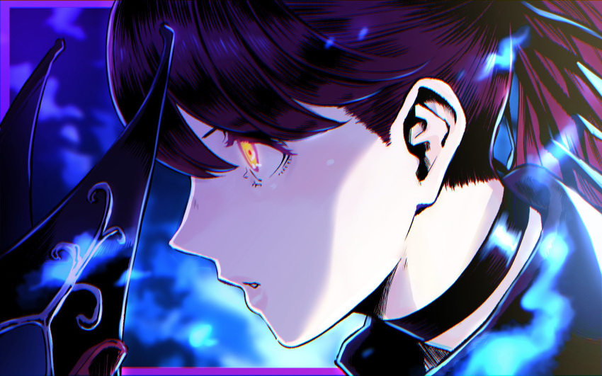 1girl black_choker blue_fire choker close-up commentary_request dark_persona fire from_side glowing glowing_eyes highres lipstick long_hair makeup mask mask_removed persona persona_5 persona_5_the_royal pink_lips ponytail portrait profile redhead riku_(ukir125) solo yellow_eyes yoshizawa_kasumi