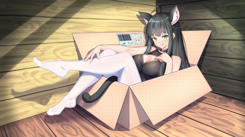 1girl absurdres ahoge animal_ears bangs bare_shoulders black_hair blunt_bangs box braid breasts cardboard_box cat_ears cat_tail chinese_commentary cleavage_cutout clothing_cutout dress extra_ears eyebrows_visible_through_hair feet full_body green_eyes highres in_box in_container konishi_(565112307) large_breasts legs_up long_hair nekomata open_mouth original pantyhose see-through shadow sitting solo strapless strapless_dress tail toes white_legwear wooden_floor wooden_wall