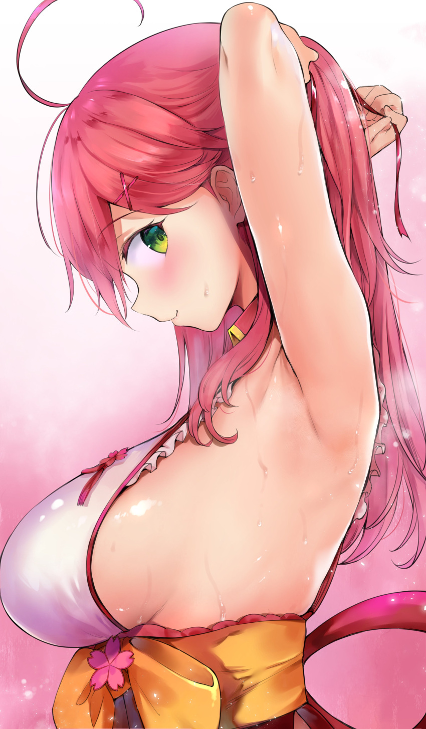 1girl absurdres adjusting_hair ahoge arm_up armpits breasts closed_mouth commentary_request gradient gradient_background green_eyes hair_ornament highres hololive large_breasts long_hair looking_at_viewer panbai pink_background pink_hair profile sakura_miko sash sideboob smile solo sweat upper_body virtual_youtuber x_hair_ornament