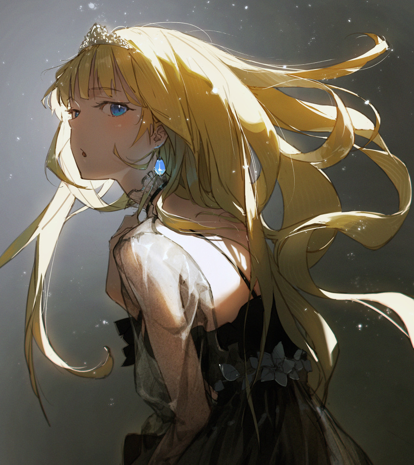 1girl bangs black_dress blonde_hair blue_eyes blush commentary dino_(dinoartforame) dress earrings eyebrows_visible_through_hair floating_hair from_side gradient gradient_background highres hololive hololive_english jewelry light_particles long_hair long_sleeves looking_at_viewer looking_to_the_side parted_lips see-through_sleeves solo tiara upper_body very_long_hair virtual_youtuber watson_amelia