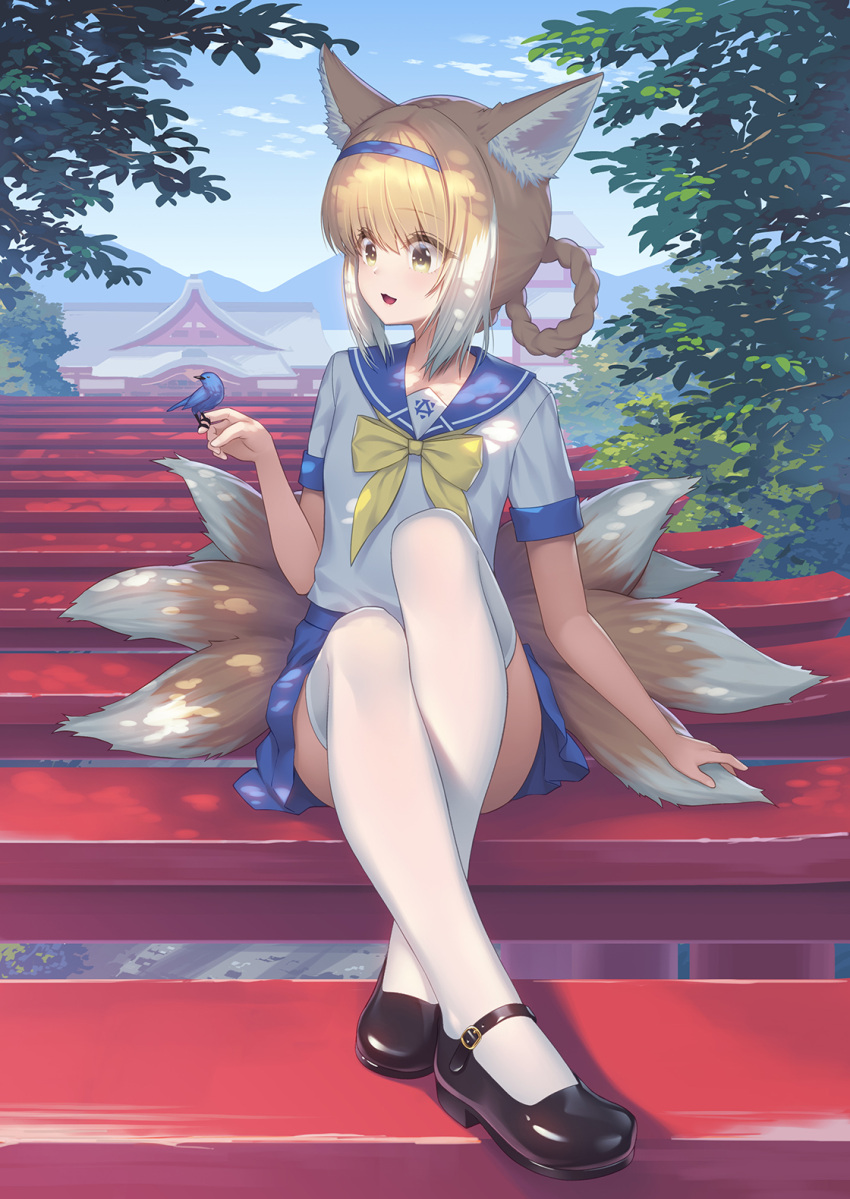 1girl :d animal_ear_fluff animal_ears animal_on_hand arknights athrun1120 bird bird_on_hand black_footwear blonde_hair blue_hairband blue_sailor_collar blue_skirt bow braid commentary_request day fox_ears fox_girl fox_tail full_body hair_rings hairband highres kyuubi multicolored_hair multiple_tails open_mouth outdoors pleated_skirt sailor_collar school_uniform serafuku shirt shoes short_sleeves sitting skirt smile solo suzuran_(arknights) tail thigh-highs torii two-tone_hair white_hair white_legwear white_shirt yellow_bow