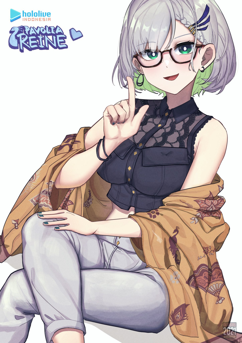 1girl akaharuu bangs blush breasts collared_shirt colored_inner_hair cropped_shirt crossed_legs earrings english_commentary eyebrows_visible_through_hair feather_hair_ornament feathers glasses green_eyes green_hair grey_pants hair_behind_ear hair_ornament highres hololive hololive_indonesia jewelry medium_breasts multicolored_hair pants pavolia_reine pointing pointing_up shawl shirt short_hair silver_hair sitting sleeveless sleeveless_shirt smile solo virtual_youtuber