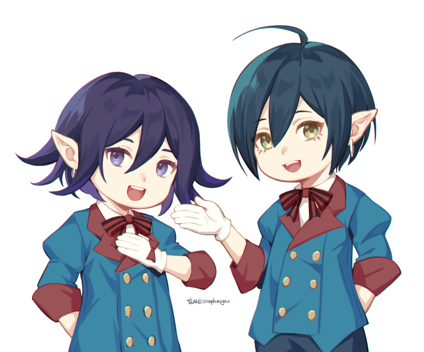 2boys :d ahoge bangs black_bow black_hair black_neckwear bow bowtie brown_eyes buttons dangan_ronpa_(series) dangan_ronpa_v3:_killing_harmony double-breasted earrings ewa_(seraphhuiyu) eyelashes final_fantasy final_fantasy_xiv gloves green_jacket hair_between_eyes highres jacket jewelry juliet_sleeves long_sleeves multiple_boys open_mouth ouma_kokichi pointy_ears puffy_sleeves purple_hair red_bow red_neckwear saihara_shuuichi short_hair smile violet_eyes white_gloves