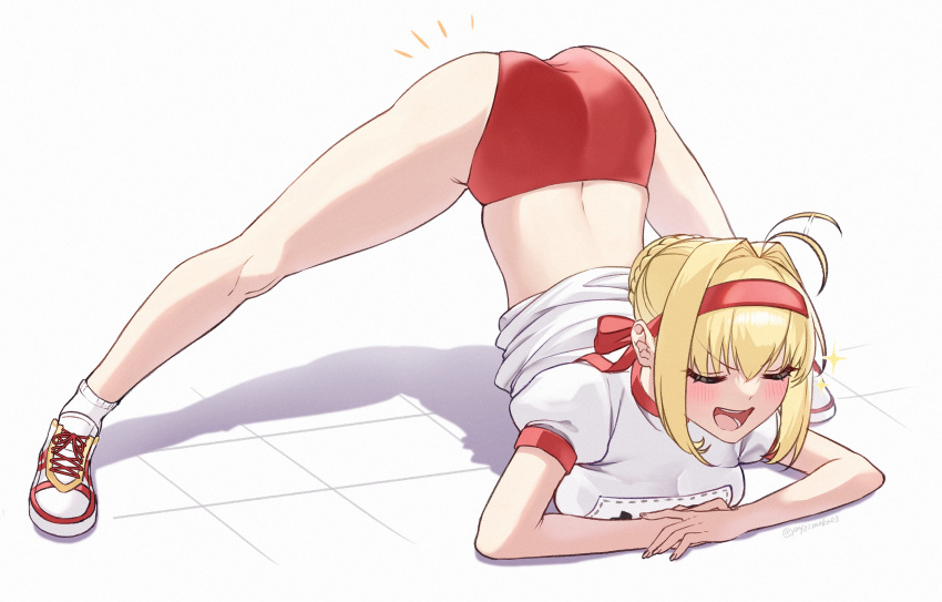 1girl ahoge arm_rest ass bangs blonde_hair blush braid breasts buruma fate/grand_order fate_(series) flexible french_braid guilty_gear guilty_gear_strive gym_shirt hair_bun hair_intakes hair_ribbon hands_on_ground highres jack-o'_challenge large_breasts long_hair meme nero_claudius_(fate) nero_claudius_(fate/extra) olympian_bloomers pose red_buruma red_ribbon ribbon shirt short_sleeves solo spread_legs stretch thighs top-down_bottom-up white_shirt wide_spread_legs yayoi_maka
