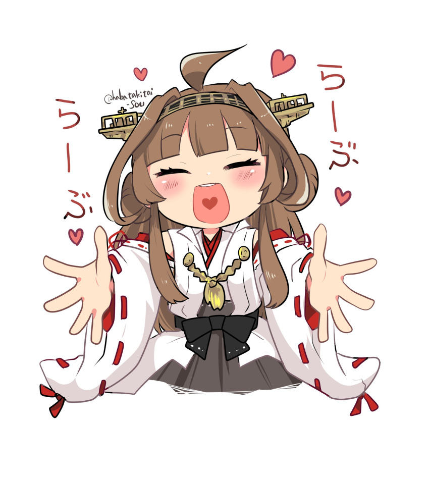 1girl ahoge black_skirt brown_hair closed_eyes cropped_legs detached_sleeves double_bun facing_viewer foreshortening frilled_skirt frills headgear heart heart_in_mouth highres japanese_clothes kantai_collection kongou_(kancolle) long_hair lr_hijikata pleated_skirt ribbon-trimmed_sleeves ribbon_trim simple_background skirt solo white_background