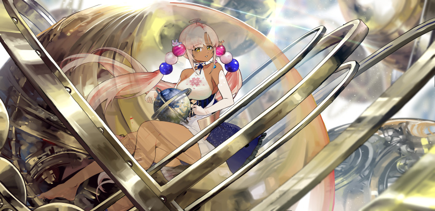 1girl absurdres bare_legs bare_shoulders breasts dark-skinned_female dark_skin elbow_gloves eyebrows_visible_through_hair gloves highres hololive hololive_english large_breasts long_hair looking_at_viewer orb parted_lips pink_hair skindentation smile solo tsukumo_sana twintails very_long_hair virtual_youtuber vyragami white_gloves yellow_eyes