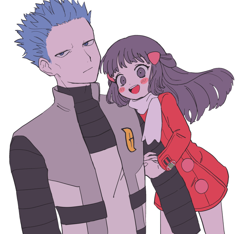 1boy 1girl :d arm_hug bangs blue_hair blush_stickers chome_(meme_chon) closed_mouth coat commentary_request cyrus_(pokemon) hikari_(pokemon) eyelashes floating_hair grey_eyes hair_ornament hairclip highres long_hair long_sleeves open_clothes open_mouth open_vest pokemon pokemon_(game) pokemon_dppt pokemon_platinum red_coat scarf smile spiky_hair team_galactic tongue upper_teeth vest white_scarf