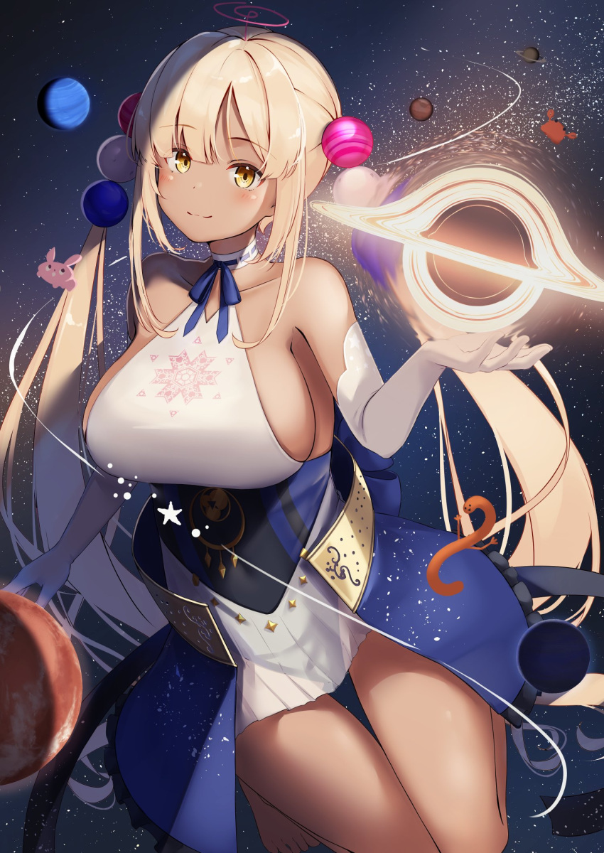 1girl bare_shoulders black_hole blonde_hair breasts dark_skin dress elbow_gloves giant giantess gloves hair_ornament highres hololive hololive_english large_breasts long_hair looking_at_viewer neck_ribbon nyan_(reinyan_007) planet ribbon see-through sideboob sleeveless sleeveless_dress smile solo thighs tsukumo_sana twintails very_long_hair virtual_youtuber white_dress white_gloves yellow_eyes