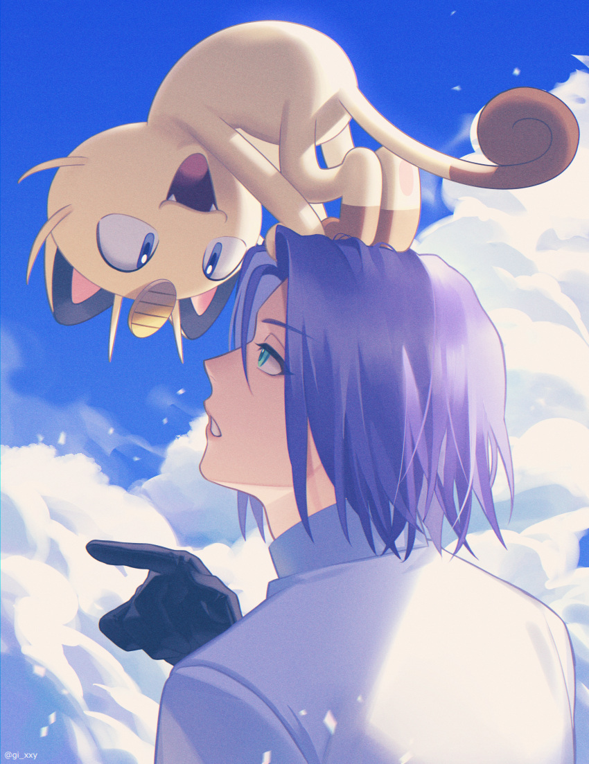 1boy :d absurdres animal_on_head artist_name black_gloves blue_eyes blue_hair blue_sky cat cat_on_head clouds eye_contact from_behind gen_1_pokemon gloves highres huge_filesize james_(pokemon) looking_at_another meowth on_head open_mouth outdoors parted_lips pointing pokemon pokemon_(creature) ruru_(gi_xxy) shirt short_hair sky smile symbol-only_commentary upper_body white_shirt