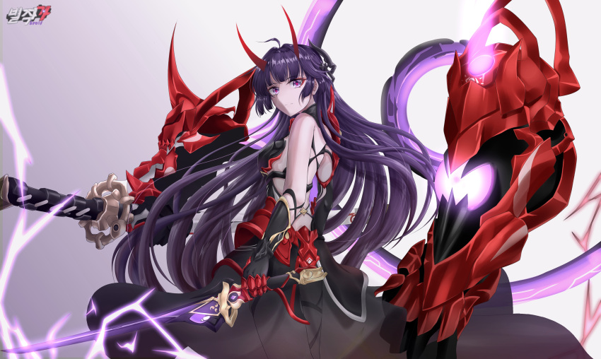 1girl absurdres antenna_hair armor back bangs black_gloves byeoljagga closed_mouth disembodied_limb electricity gauntlets gloves hair_between_eyes highres holding holding_sword holding_weapon honkai_(series) honkai_impact_3rd horns japanese_armor katana long_hair looking_at_viewer looking_back raiden_mei raiden_mei_(herrscher_of_thunder) sheath sheathed single_gauntlet solo sword very_long_hair weapon