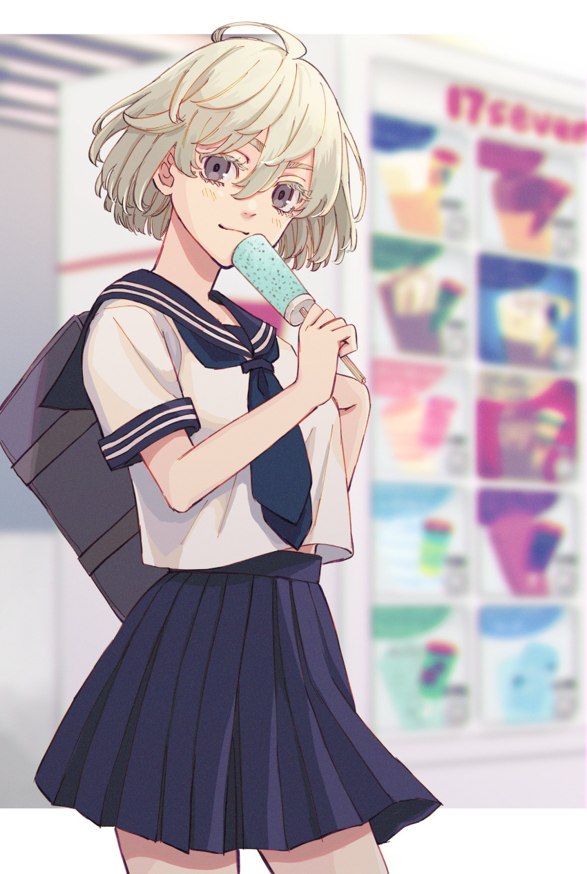 1girl absurdres ahoge akashi_senju bag bangs blouse blue_skirt closed_mouth cowboy_shot food grey_eyes hair_between_eyes highres holding holding_food ice_cream looking_at_viewer meimei_(cb_mei) pleated_skirt sailor_collar school_bag school_uniform serafuku short_hair skirt smile solo standing tokyo_revengers white_blouse white_hair