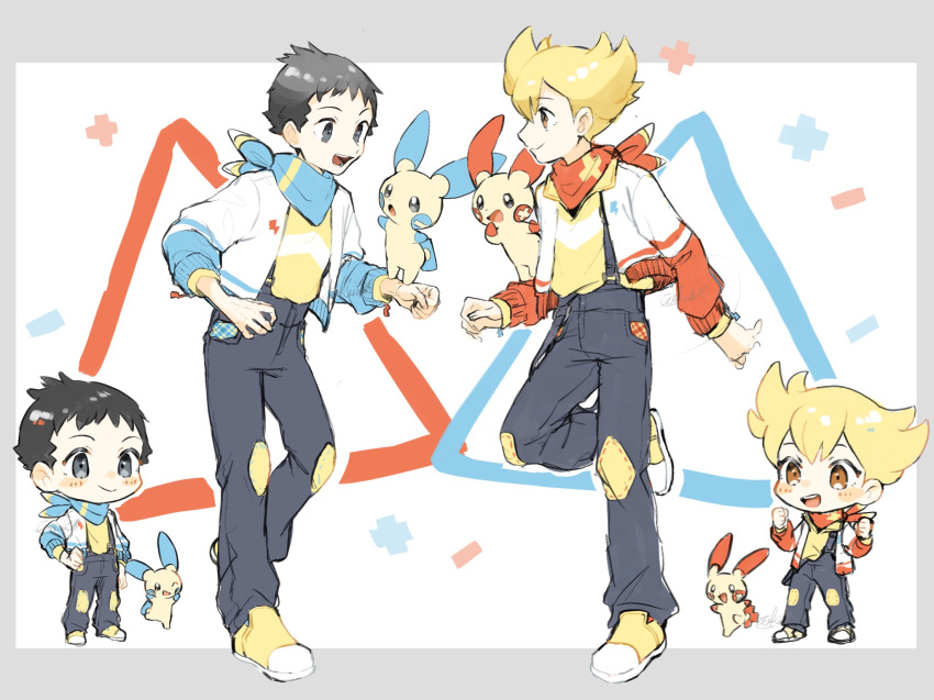 2boys :d alternate_costume bangs barry_(pokemon) black_hair blonde_hair brown_eyes chibi closed_mouth commentary_request grey_eyes highres jacket leg_up long_sleeves lucas_(pokemon) male_focus minun multiple_boys open_clothes open_jacket open_mouth pants plusle pokemon pokemon_(creature) pokemon_(game) pokemon_dppt shoes short_hair smile teeth tongue upi_(ukn18pkanother) white_jacket yellow_footwear