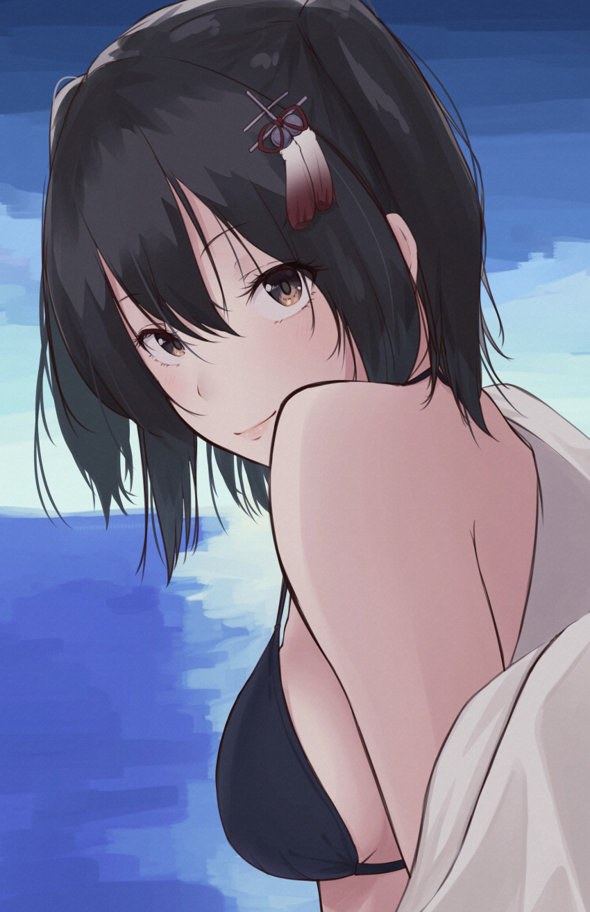 1girl absurdres bangs bare_shoulders bikini black_bikini black_hairband breasts brown_eyes closed_mouth commentary from_side hair_between_eyes hair_ornament hairband highres kantai_collection lips looking_at_viewer looking_back looking_to_the_side medium_breasts ocean off_shoulder sendai_(kancolle) shirt short_hair sideboob sky smile solo swimsuit two_side_up undressing upper_body urara_(uraom0te) white_shirt