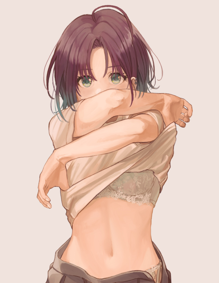 1girl absurdres ahoge asakura_tooru bangs beige_background black_hair blue_eyes bra brown_hair clothes_lift covered_mouth cowboy_shot crossed_arms ear_piercing earrings gradient_hair highres idolmaster idolmaster_shiny_colors jewelry lace-trimmed_bra lace-trimmed_panties lace_trim looking_at_viewer midriff multicolored_hair navel open_clothes open_skirt panties parted_bangs piercing pleated_skirt shirt shirt_lift short_hair simple_background skirt solo stomach t-shirt tanupon underwear