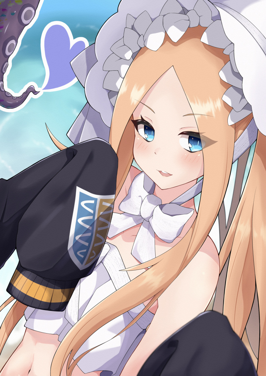 1girl abigail_williams_(fate) abigail_williams_(swimsuit_foreigner)_(fate) bangs bare_shoulders bikini black_jacket blonde_hair blue_eyes bonnet bow breasts fate/grand_order fate_(series) forehead hair_bow highres jacket long_hair long_sleeves miniskirt navel off_shoulder parted_bangs sidelocks skirt small_breasts smile swimsuit tentacles twintails very_long_hair white_bikini white_bow white_headwear yuyunatsuki