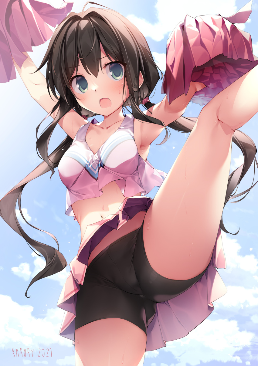 1girl :o absurdres armpits arms_up ass bare_arms bare_shoulders bike_shorts black_hair black_shorts blue_eyes breasts cheerleader collarbone crop_top crop_top_overhang highres karory leg_up long_hair looking_at_viewer low_twintails medium_breasts midriff miniskirt navel open_mouth original pink_shirt pink_skirt pleated_skirt pom_pom_(cheerleading) shirt short_shorts shorts shorts_under_skirt skirt sleeveless sleeveless_shirt solo stomach thighs twintails