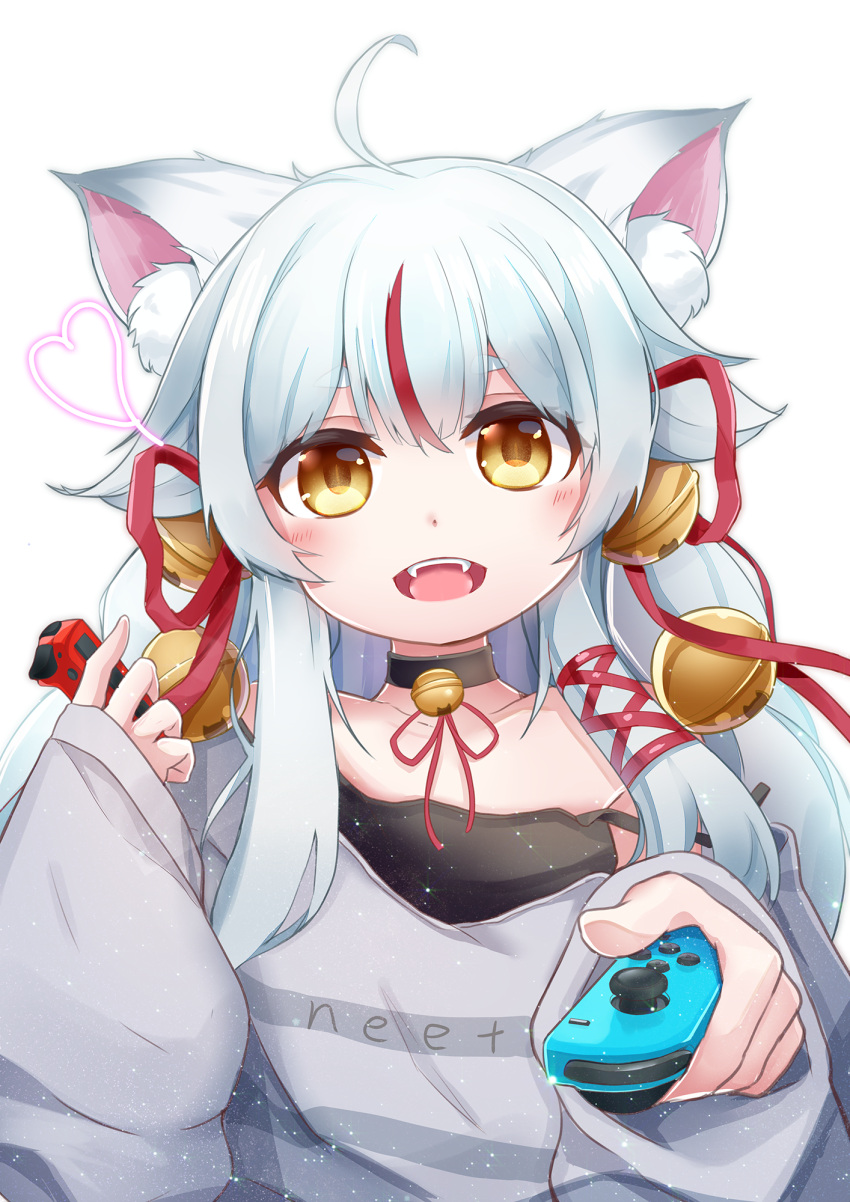 1girl ahoge animal_ears bell blush choker commission commissioner_upload controller fangs fox_ears game_controller hair_bell hair_ornament handheld_game_console highres holding holding_controller indie_virtual_youtuber joy-con kamiko_kana long_hair looking_at_viewer multicolored_hair neck_bell nintendo_switch open_clothes open_mouth redhead silver_hair skeb_commission smile solo streaked_hair teeth virtual_youtuber white_background