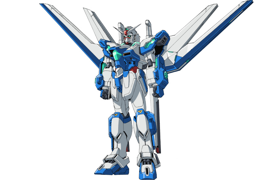 blue_eyes clenched_hands gundam gundam_breaker_battlogue gundam_helios highres mecha mechanical_wings no_humans official_art science_fiction solo standing transparent_background v-fin wings