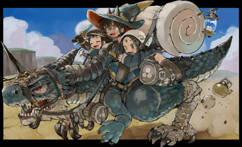 3girls :d backpack bag black_border boots border brown_eyes brown_footwear brown_hair dragon ebimomo elbow_gloves fang gloves hair_ornament hairclip hat highres holding holding_reins holding_sword holding_weapon lantern multiple_girls open_mouth original reins riding saddle smile sword tent third_eye weapon wide-eyed witch_hat
