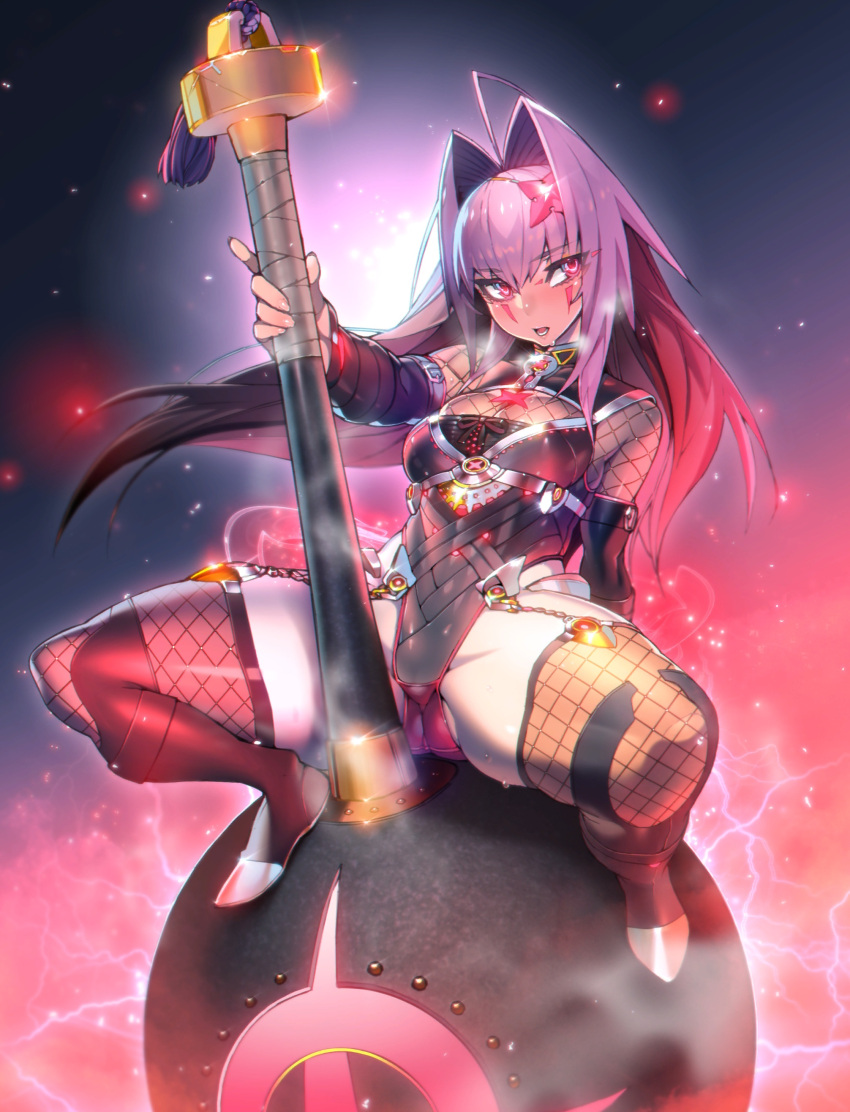 absurdres akari_acura arm_behind_back bare_shoulders black_footwear fishnets highres hitsugi_no_chaika holding long_hair looking_to_the_side namaniku_atk open_mouth purple_hair red_eyes squatting