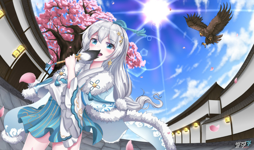1girl architecture bangs bird blue_eyes blue_sky byeoljagga cherry_blossoms chinese_clothes clouds cloudy_sky commission earrings east_asian_architecture hair_between_eyes hair_ornament hand_fan hawk highres holding holding_fan honkai_(series) honkai_impact_3rd jewelry lantern looking_at_viewer open_mouth outdoors petals sky solo sun teeth theresa_apocalypse theresa_apocalypse_(starlit_astrologos) tree white_hair zhuge_kongming_(honkai_impact)