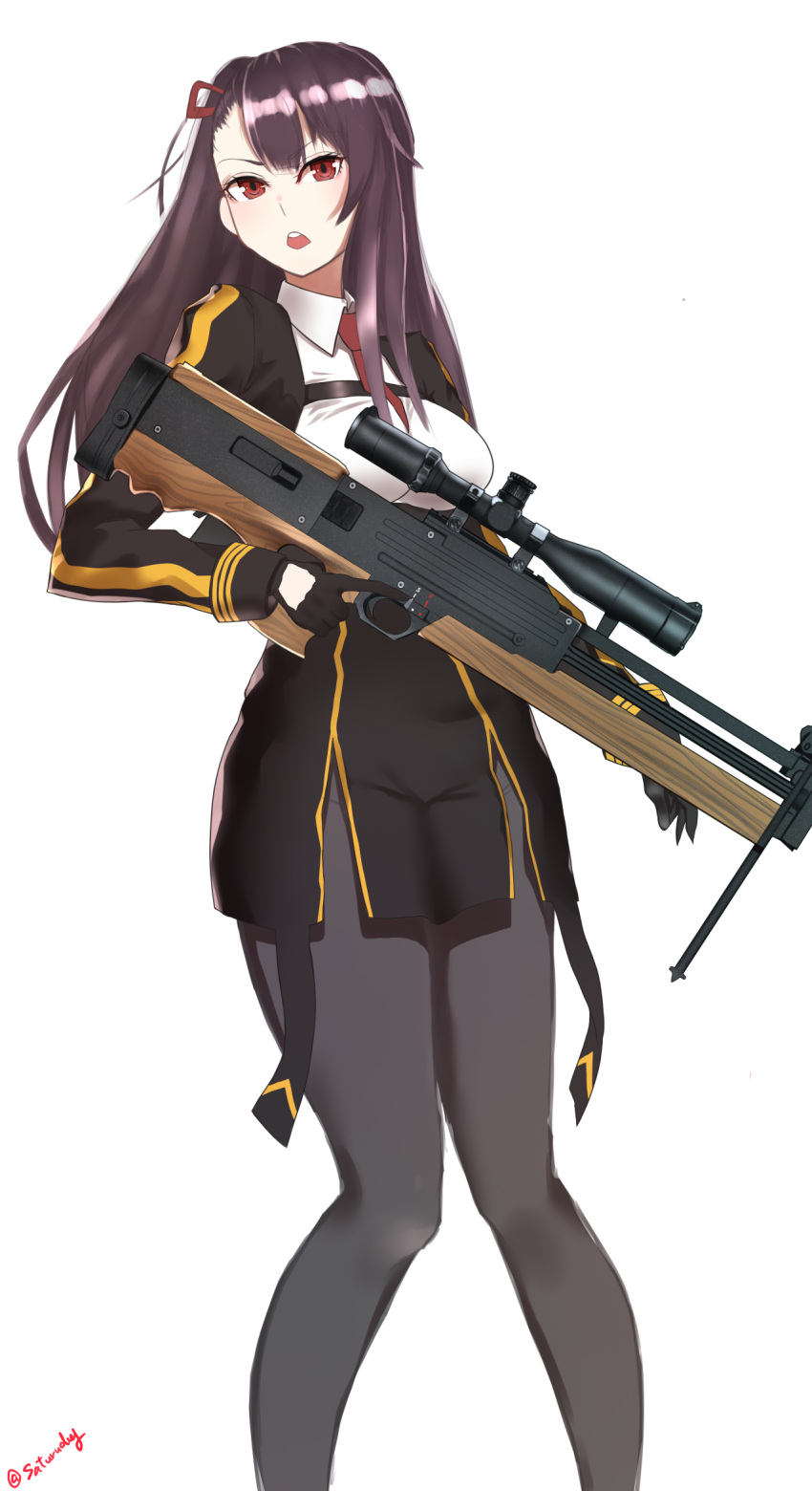 1girl artist_name black_gloves black_legwear breasts bullpup eyebrows_visible_through_hair girls_frontline gloves gun hair_ribbon highres holding holding_weapon long_hair looking_at_viewer medium_breasts necktie open_mouth pantyhose purple_hair red_eyes red_neckwear red_ribbon ribbon rifle saturndxy shirt sniper_rifle solo standing wa2000_(girls_frontline) walther walther_wa_2000 weapon white_background white_shirt