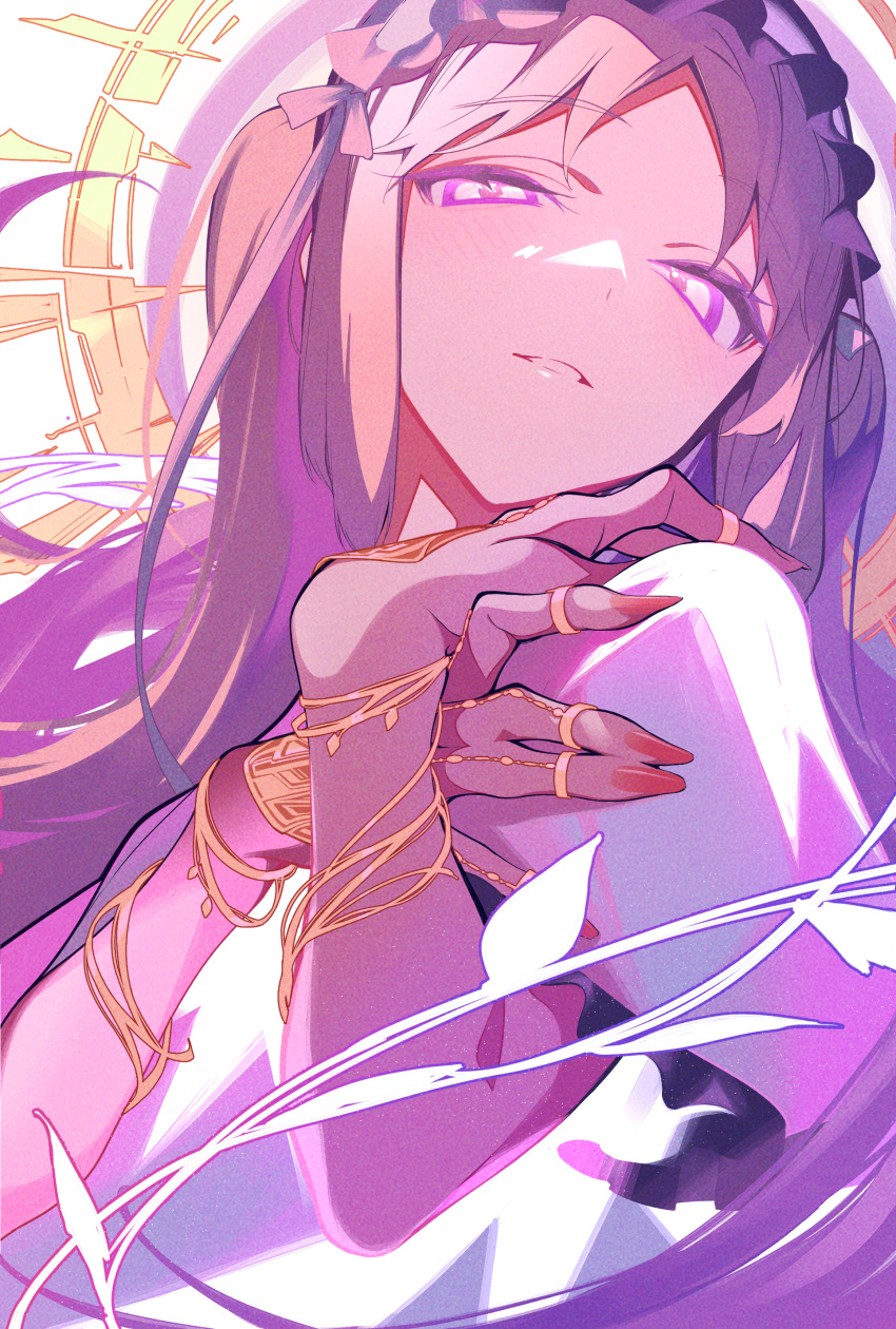 1girl absurdres bangs bare_shoulders blush breasts collarbone dress fate/hollow_ataraxia fate_(series) frilled_hairband frills hairband highres kania long_hair looking_at_viewer parted_bangs purple_hair sidelocks small_breasts stheno_(fate) twintails very_long_hair violet_eyes white_dress