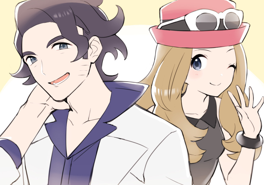 1boy 1girl augustine_sycamore black_hair blonde_hair blush bracelet collarbone collared_shirt commentary_request curly_hair facial_hair grey_eyes hand_up hat highres jewelry labcoat long_hair looking_at_viewer lower_teeth open_mouth pink_headwear pokemon pokemon_(game) pokemon_xy serena_(pokemon) shirt sleeveless sleeveless_shirt smile sunglasses tongue tudurimike upper_body white-framed_eyewear
