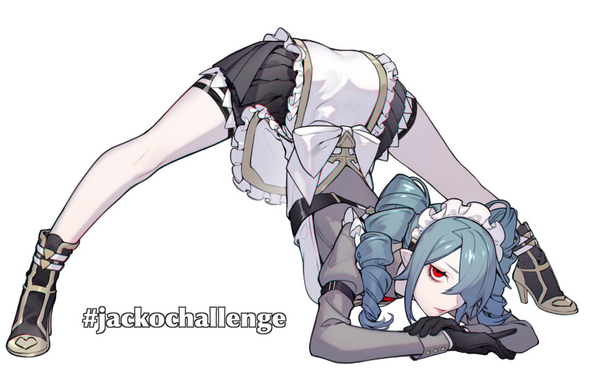 1girl apron bangs bare_legs black_gloves closed_mouth collared_shirt dress drill_hair first-chan_(loalo) gloves green_hair grey_dress grey_shirt hair_over_one_eye highres jack-o'_challenge loalo looking_at_viewer maid maid_apron maid_headdress necktie one_eye_covered original pale_skin pointy_ears puffy_sleeves red_eyes red_neckwear serious shirt shoes simple_background solo spread_legs top-down_bottom-up twin_drills twintails white_background