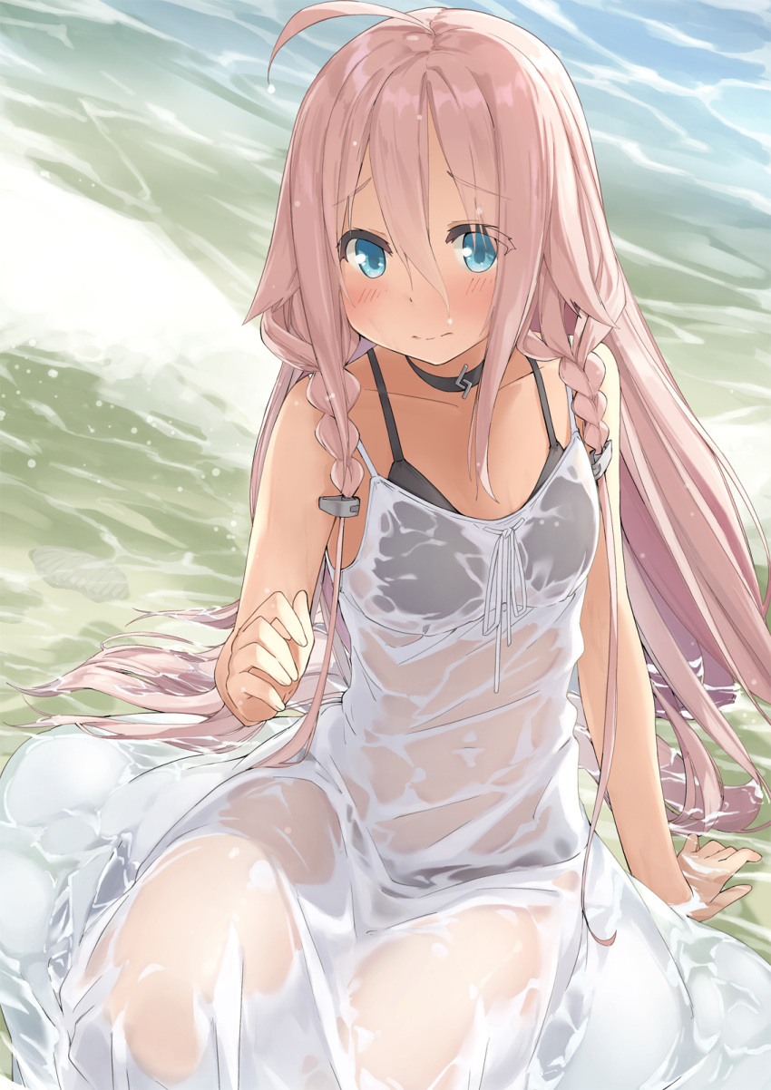 1girl bangs bare_arms bare_shoulders bikini black_bikini black_choker blue_eyes blush breasts choker closed_mouth commentary_request covered_navel day dress eyebrows_visible_through_hair hair_between_eyes highres ia_(vocaloid) kanzen_bouon outdoors pink_hair see-through shallow_water small_breasts solo swimsuit vocaloid water wet wet_clothes wet_dress white_dress
