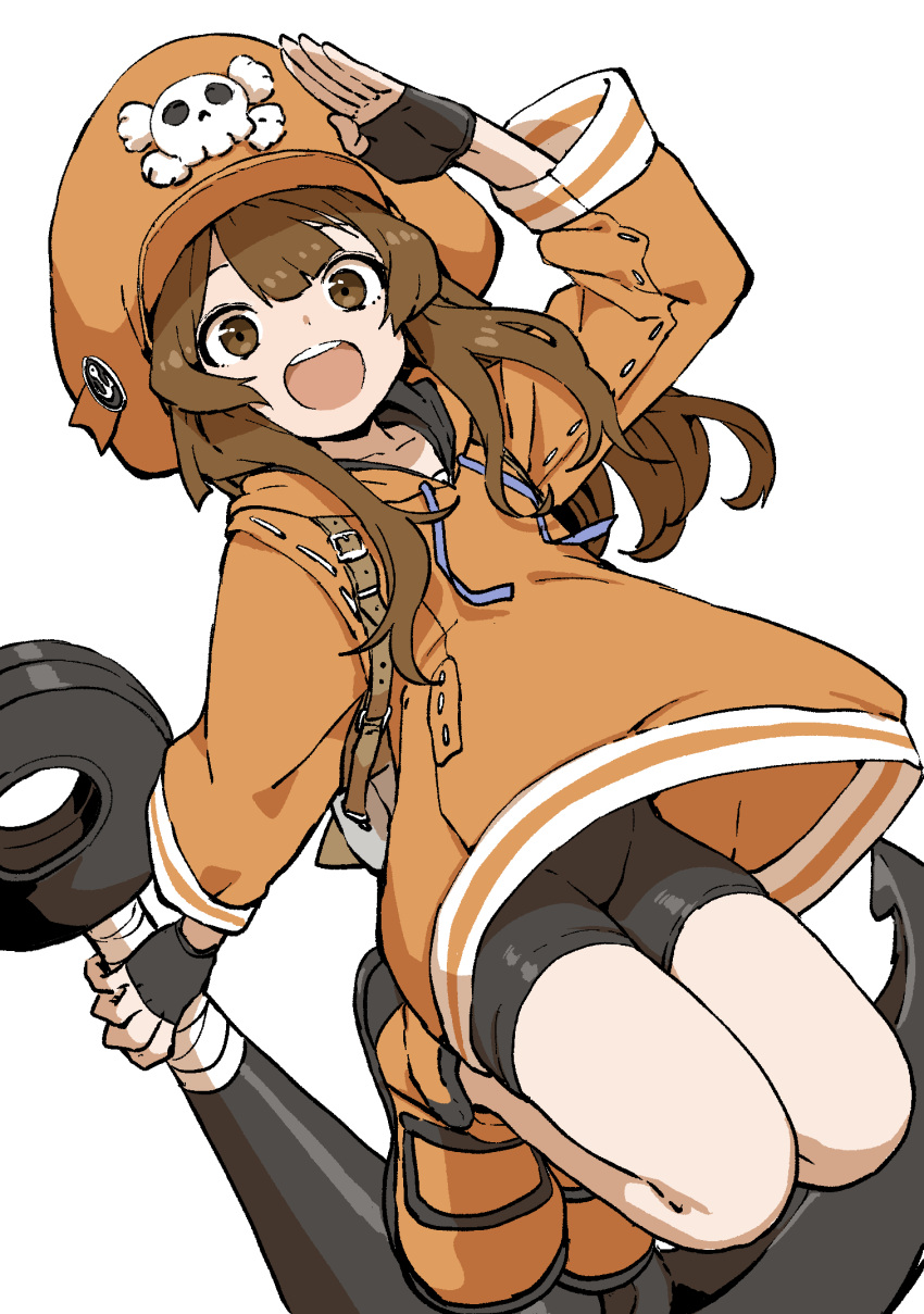 anchor bike_shorts brown_eyes brown_hair guilty_gear guilty_gear_strive hat highres holding holding_anchor hood hoodie looking_at_viewer may_(guilty_gear) open_mouth orange_footwear orange_headwear orange_hoodie orange_shirt pirate pirate_hat salute shirt skull_and_crossbones white_background yamamoto_souichirou