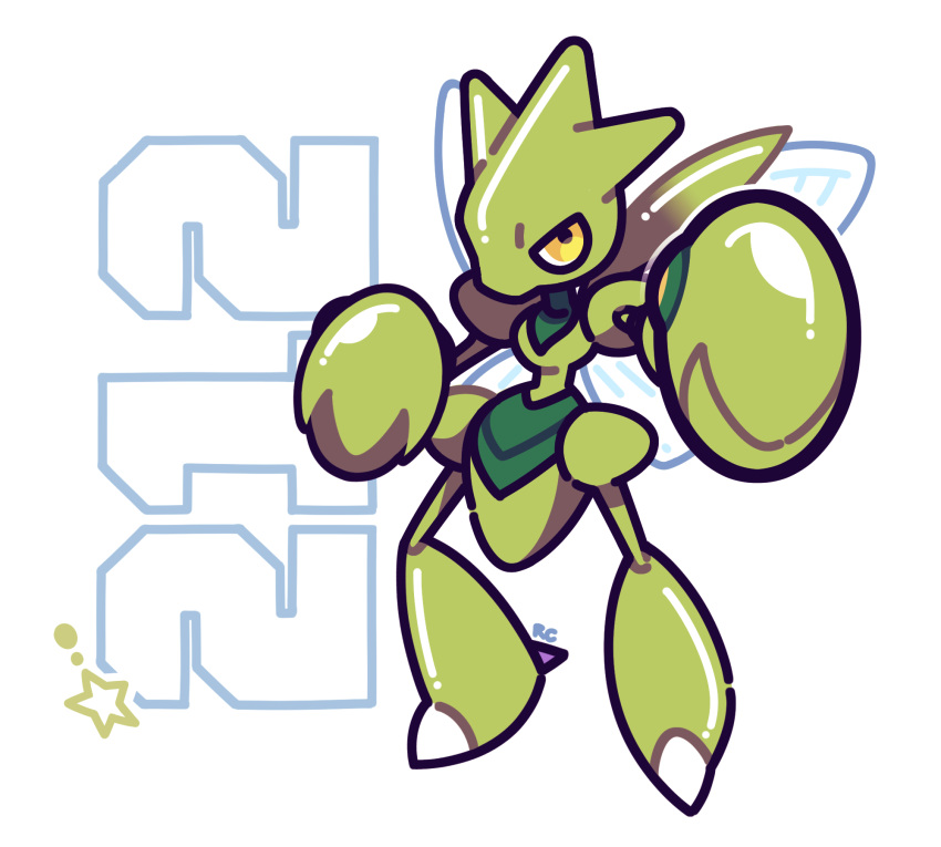 alternate_color artsy-rc full_body gen_1_pokemon highres looking_at_viewer no_humans number pokedex_number pokemon pokemon_(creature) scyther shiny_pokemon signature simple_background solo white_background