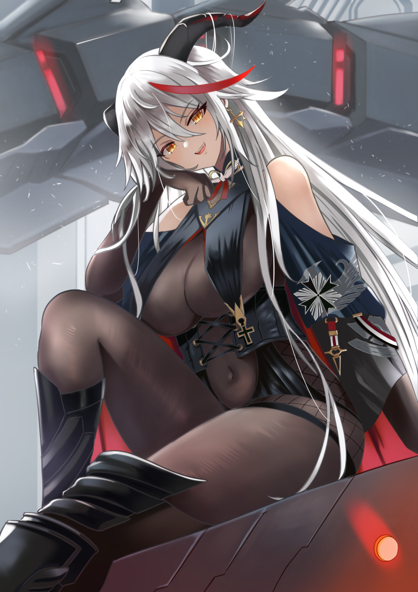 1girl :d aegir_(azur_lane) azur_lane bangs bare_shoulders black_footwear black_gloves bodystocking boots breast_curtains breasts corset covered_navel cross earrings elbow_gloves eyebrows_visible_through_hair gloves hand_on_own_cheek hand_on_own_face highres horns iron_cross jewelry knee_boots knee_up large_breasts long_hair looking_at_viewer manjirou_(manji_illust) multicolored_hair open_mouth silver_hair sitting smile solo streaked_hair two-tone_hair upper_teeth v-shaped_eyebrows very_long_hair yellow_eyes
