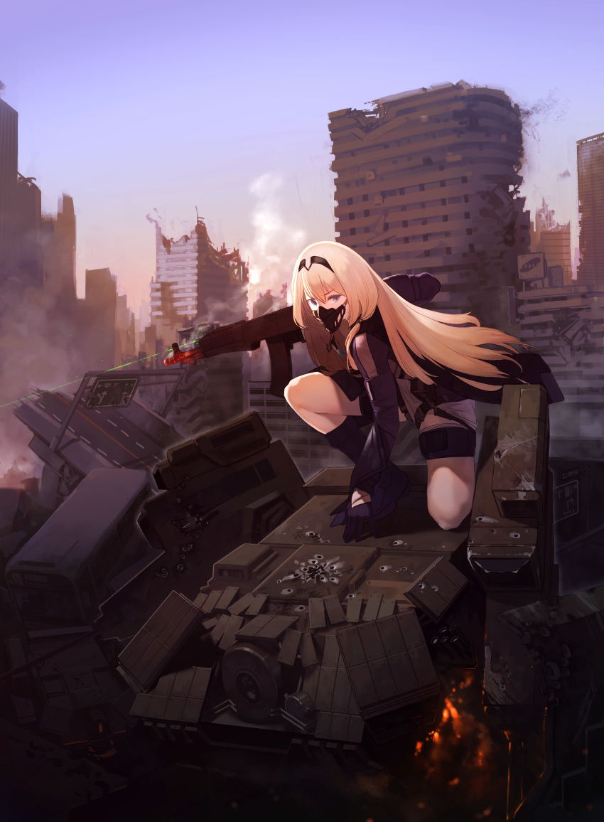 1girl absurdres an-94_(girls_frontline) blonde_hair blue_sky boots building covered_mouth day fighting_stance girls_frontline gloves gun hair_between_eyes hairband highres holding holding_gun holding_weapon huqu laser_sight long_hair long_sleeves looking_at_viewer mask mouth_mask one_knee outdoors purple_footwear purple_gloves respirator robot ruins short_shorts shorts sky skyscraper smoke smoking_gun solo violet_eyes weapon
