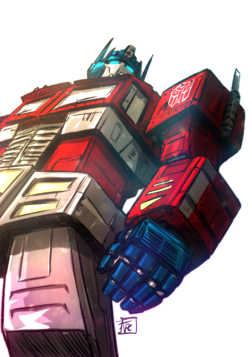 absurdres autobot from_below glowing glowing_eyes highres insignia looking_to_the_side mecha no_humans open_hand optimus_prime science_fiction solo transformers ultrafpc white_background