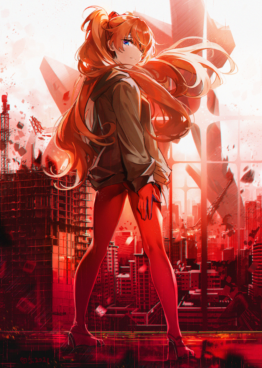 1girl ass backlighting baisi_shaonian bangs blue_eyes bodysuit brown_jacket building character_request closed_mouth from_behind full_body hair_over_one_eye highres hood hood_down jacket long_hair looking_at_viewer looking_back neon_genesis_evangelion outdoors red_bodysuit ruins shiny shiny_hair shoes smile solo souryuu_asuka_langley standing
