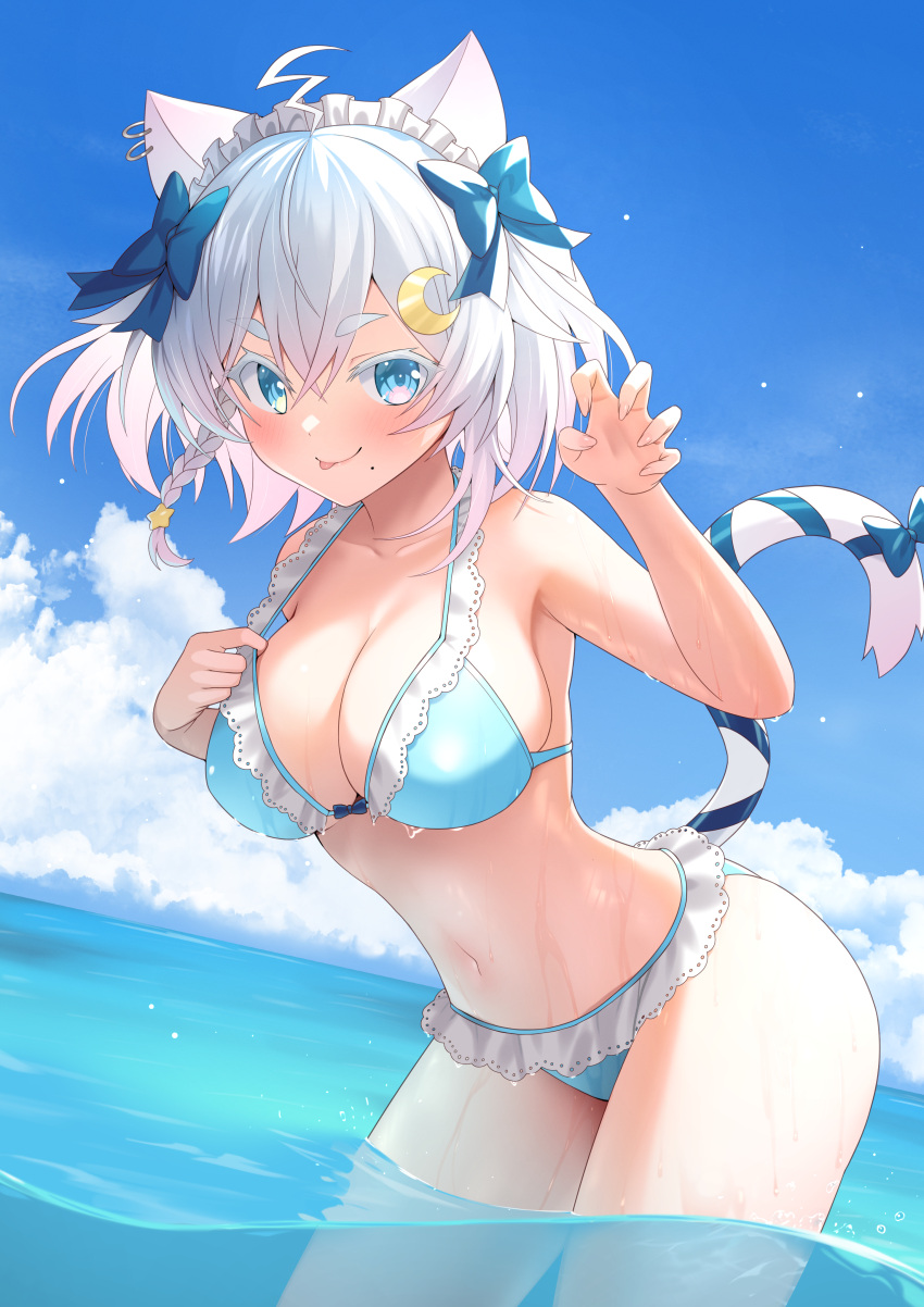 1girl absurdres ahoge animal_ears bettle_(b_s_a_n) bikini blue_bikini blue_bow blush bow braid breasts cat_ears cat_tail character_request crescent crescent_hair_ornament ear_piercing frilled_bikini frills hair_between_eyes hair_bow hair_ornament highres huge_filesize large_breasts leaning_forward mole mole_under_mouth navel nekono_yukino paw_pose piercing re:act solo swimsuit tail tongue tongue_out virtual_youtuber wet white_hair