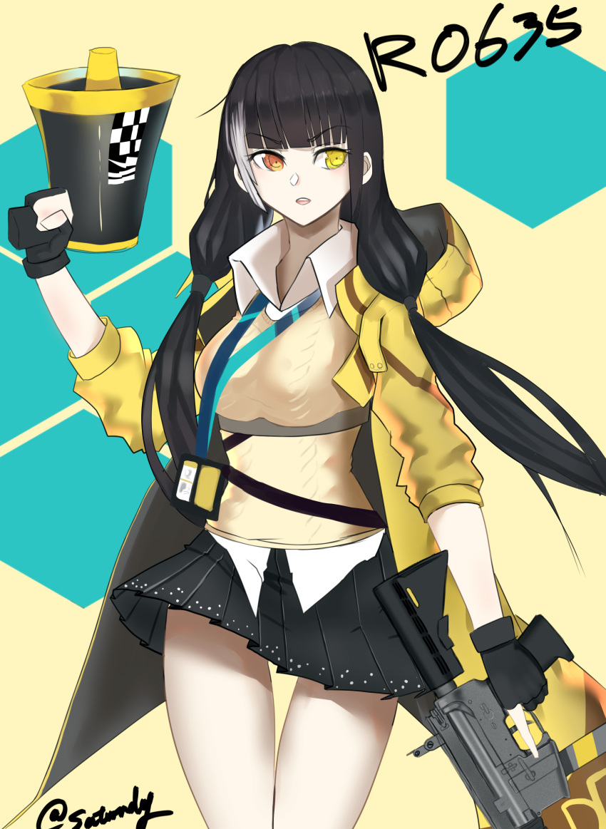 1girl artist_name bangs black_gloves black_hair black_skirt breasts brown_sweater_vest character_name eyebrows_visible_through_hair fingerless_gloves girls_frontline gloves heterochromia highres holding holding_megaphone holding_weapon jacket long_hair looking_away medium_breasts megaphone multicolored_hair open_clothes open_jacket open_mouth orange_eyes ro635 ro635_(girls_frontline) saturndxy shirt simple_background skirt solo standing weapon white_shirt yellow_eyes yellow_jacket