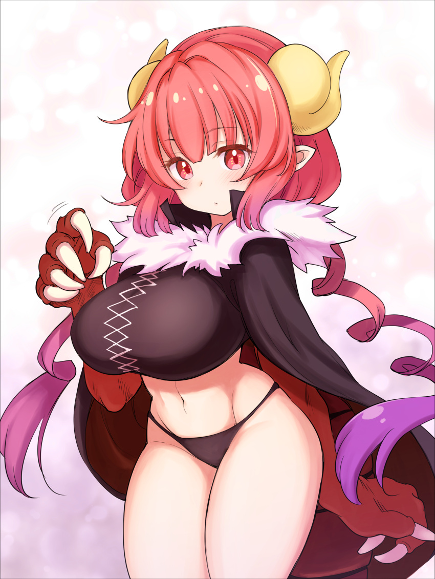 1girl bare_legs blush breasts cape claws dragon_claw dragon_girl dragon_horns dragon_tail eyebrows_visible_through_hair groin highres horns huge_breasts ilulu_(maidragon) kobayashi-san_chi_no_maidragon long_hair low_twintails motion_lines navel pointy_ears red_eyes redhead slit_pupils solo tail tatsuhiko twintails