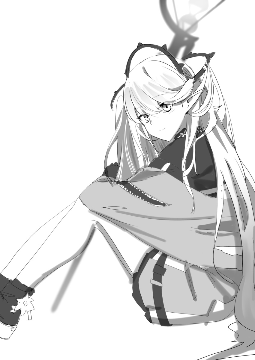 1girl absurdres arknights blurry blurry_background boots depth_of_field feet_out_of_frame greyscale highres jacket knees_up long_hair monochrome off_shoulder open_clothes open_jacket shirt simple_background sitting solo staff very_long_hair white_background yonago_miko